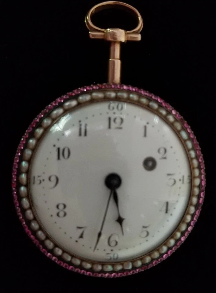 Georgian Pocket Watch 18k Gold Enamel Pearls Verge c1780s Roman Melly & Roux - Image 4 of 4