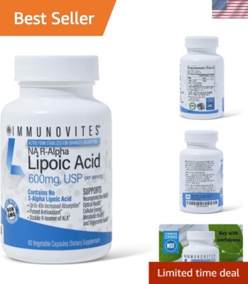 Vegan Sodium Stabilized R-Alpha Lipoic Acid 600mg   Natural Antioxidant Formula