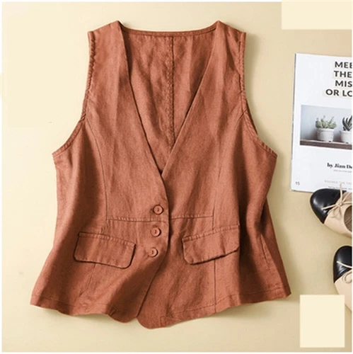 Womens Linen Blend Sleeveless Button Down Top V Neck Waistcoat Vest - Picture 18 of 24