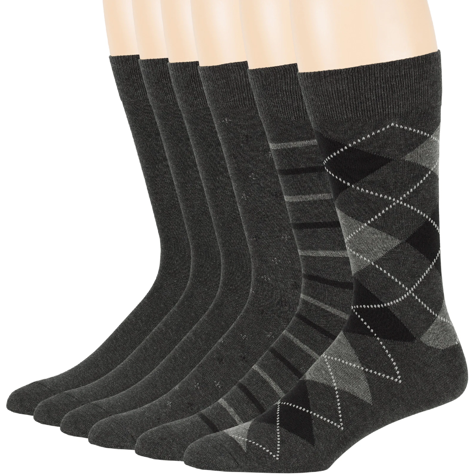 Mens Cotton 6 Pack Dress Argyle Dotted Striped Solid Sock Large 10-13 Charcoal
