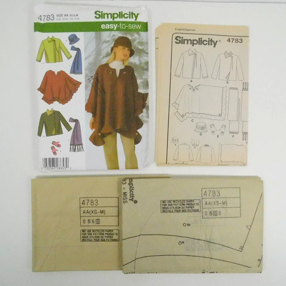 Simplicity 4783 Misses Jacket Poncho Scarf Mitts Hat Pattern Size XS-M Uncut - Image 2 of 4