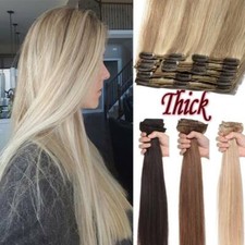 Double Weft Clip In Real Remy Human Hair Extensions Thick Full Head Highlight US