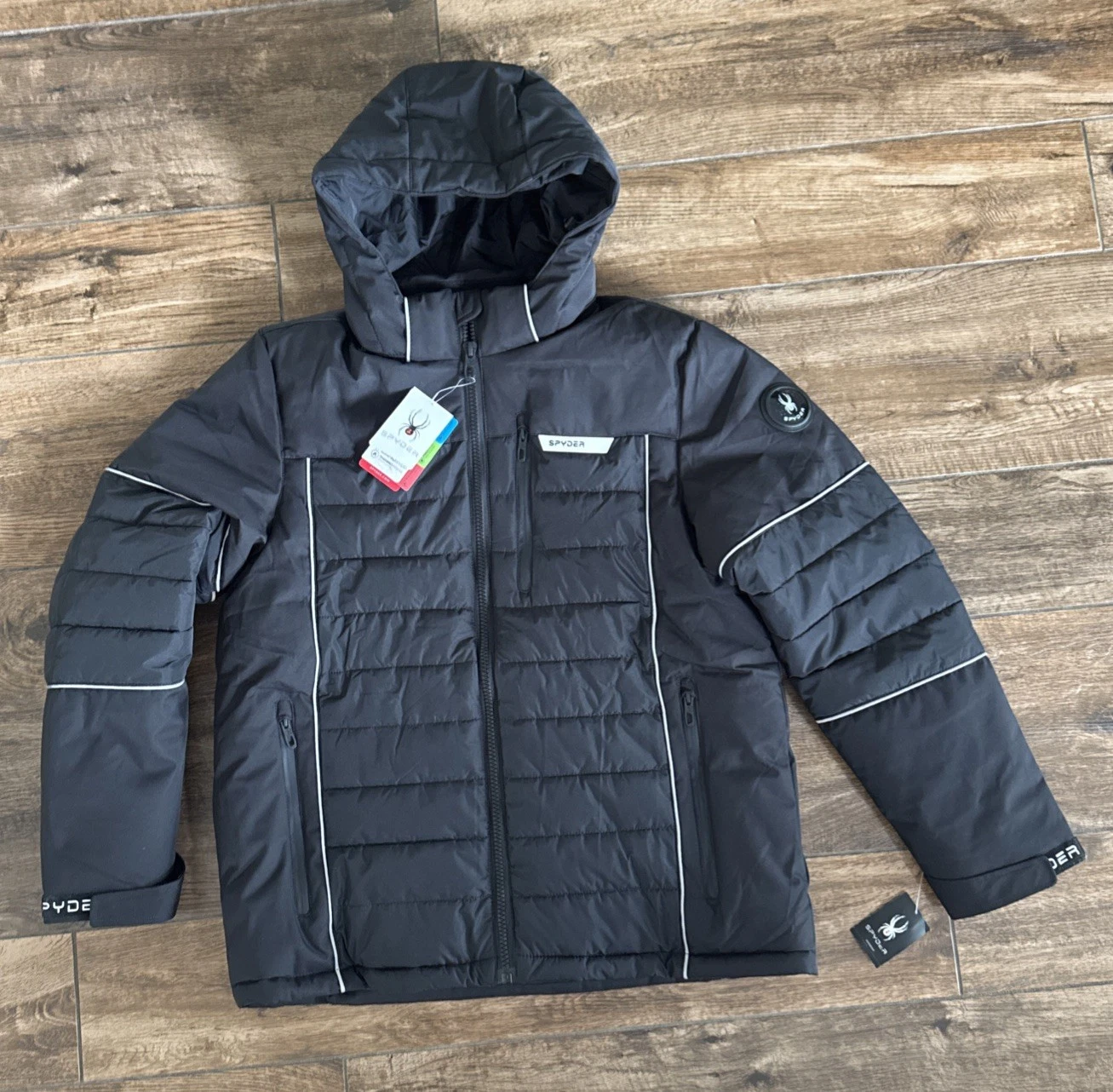 Spyder hooded full zip insulated quilted jacket BLACK NWT size M MEDIUM $279.00