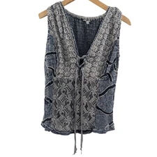 Mastro Moda Womens Floral Burnout Lace Up Top sz M Blue Made in Italy Bohemian