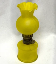 Vintage Small Glass Oil Lamp Yellow 8 1/2" Tall with Shade