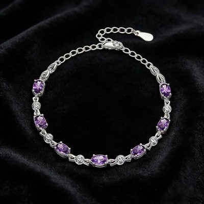 Purple Gemstone Link Bracelet Oval & Round Stone Chain with Adjustable Extender