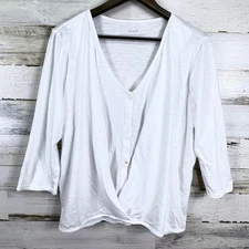 Pure Jill White Cotton Modal Blend Cross Front Button 3/4 Sleeve Lightweight Top