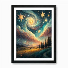 Whimsical Cosmic Landscape Glowing  Framed Wall Art Poster Canvas Print Picture