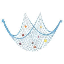 Fishing Net Decor, 80" x 60" Fish Net Decor with Sea Shells, Light Blue