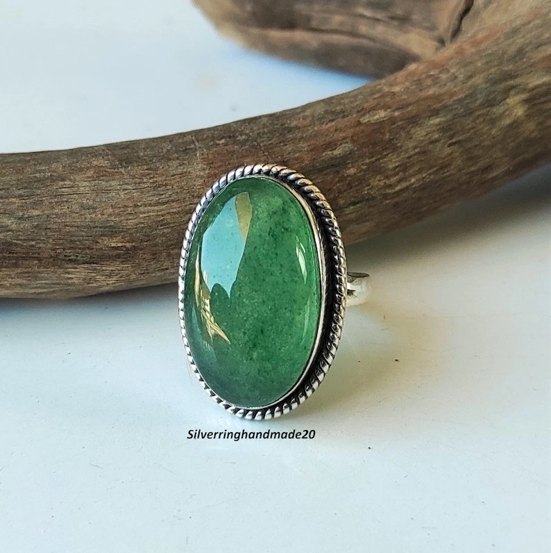 Hermoso anillo llamativo de plata de ley 925 maciza de jade verde, todas las tallas M1459 Foto 3 de 4