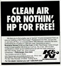 1990 Vintage Print Ad Clean Air For Nothin HP Free K&N Filtercharger Air Filter