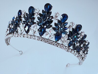 Women Navy Blue Bling crystal Gorgeous Party Royal Retro Queen Prom Crown Tiara