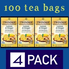 4 Box Twinings Lemon & Ginger Herbal Tea, Caffeine Free 100 Tea Bags 1.32 oz EA