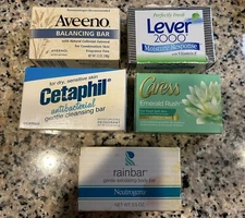 Y2K Bath Soaps Cetaphil, Lever 2000, Aveeno Balancing Bar, Caress Emerald Rush