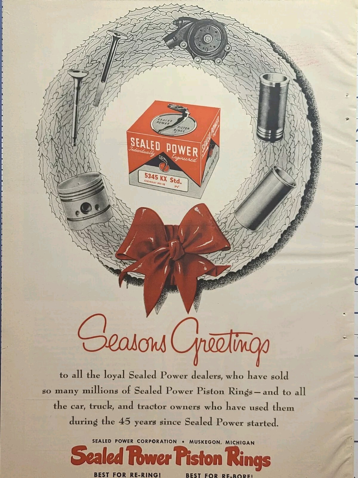 Sealed Power Piston Rings Muskegon WI Christmas Wreath Bow Vintage Print Ad 1956