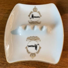 MID CENTURY MANGAMS RESTAURANT ASHTRAY WHITE GOLD RIMMED SPECIALTY CO.
