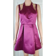 Lovers + friends satin halter criss cross flare mini dress size S burgundy berry