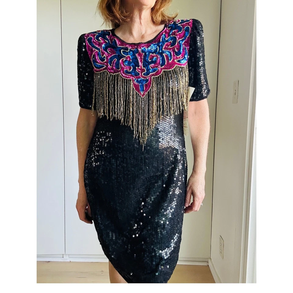 Vestido de Fiesta Vintage Lentejuelas Talla Mediana Adornado Elegante Formal Era Años 80 Seda Foto 3 de 4