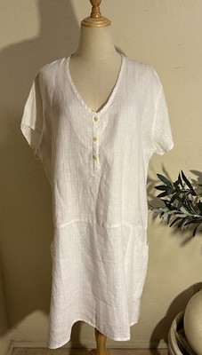 FLAX White Textured Linen Dress Pockets Minimalist Lagenlook Coastal Resort Med