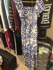 Blue  White Floral Smocked Square Neck Puff Sleeve Maxi Dress Women's small
