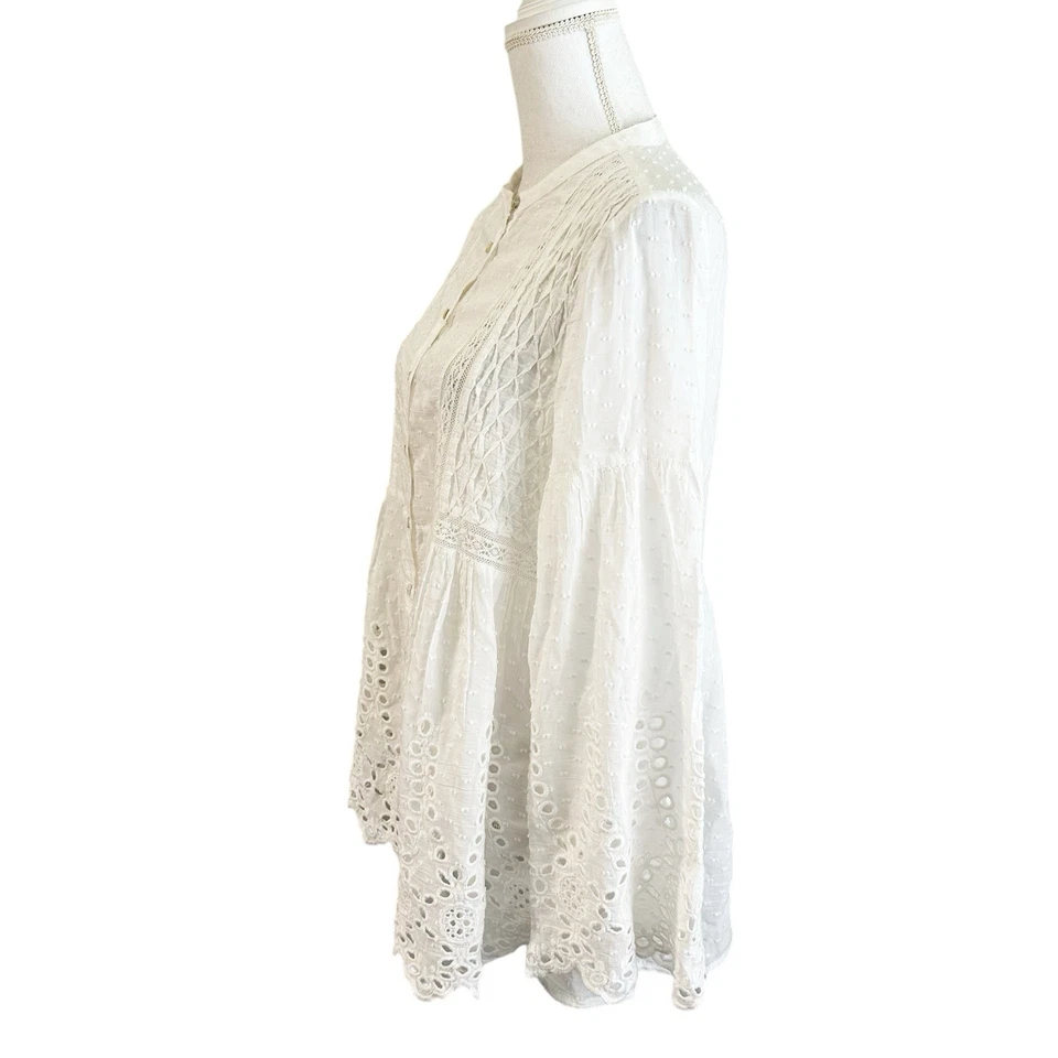 Sundance Womens Eyelet Button Down Tunic Blouse Size Medium White Ethereal Angel - Image 2 of 4
