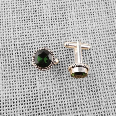 925 Sterling Silber Manschettenknöpfe Mit Grüner Turmalin Stein Hochzeit Liebe - Bild 1 von 2