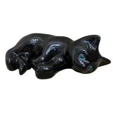 Elpa Alcobaça Black Cat Kitten Ceramic Figurine Blue Glass Eyes 7.5” Vintage