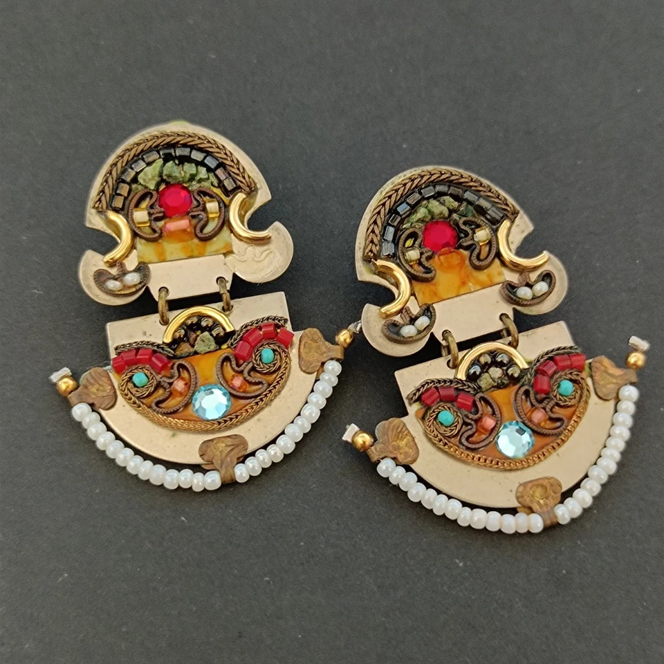 Ayala Bar Vintage Clip On Earrings Boho Mosaic Folk Art Colorful Israeli Artisan - Image 2 of 4