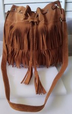 Vgt. Large 1970's Boho Hippie Rust Faux Suede Fringe Drawstring Shoulder Bag
