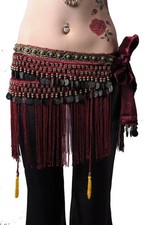 Women'S Belly Dance Tribal Hip Scarf with Width-With-Coins-30.7Inch Dark Red