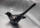 Fenton Bird of Happiness - Ebony Black Glass Painted Pink Roses Signed Gherke