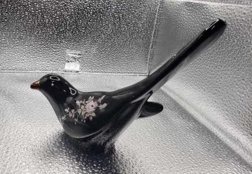 Fenton Bird of Happiness - Ebony Black Glass Painted Pink Roses Signed Gherke