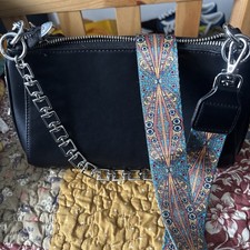 Black Handbag With Chain & Patterned Strap Zip Fastening Perfect Condition