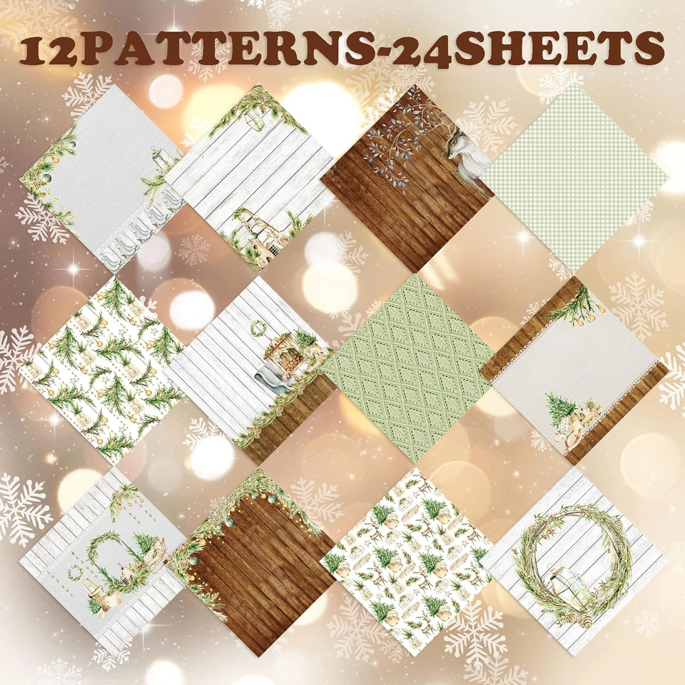 Papel para álbum de recortes de Navidad, 24 hojas vintage árbol de Navidad copos de nieve flor St Foto 3 de 4