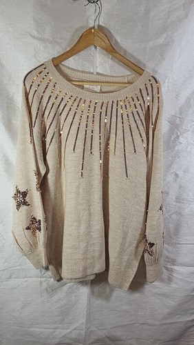Fantastic Fawn Oatmeal Sequin Sunburst and Star Embellished Pullover Sweater  M