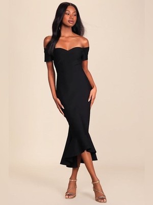Lulus How Much I Care Black Off-the-Shoulder Midi Dress Size Small NWT