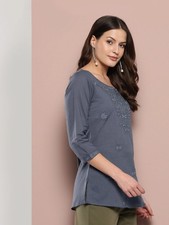 Grey Floral Chikankari Embroidered Pure Cotton Top Casual  Festive Wear