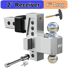 2" Receiver 6" Drop/Rise Adjustable Tow Hitch Dual Ball Mount Trailer Aluminum