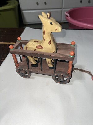 Vintage Hand Carved Hand Painted Wooden Giraffe On Train Cart Nursery Decor