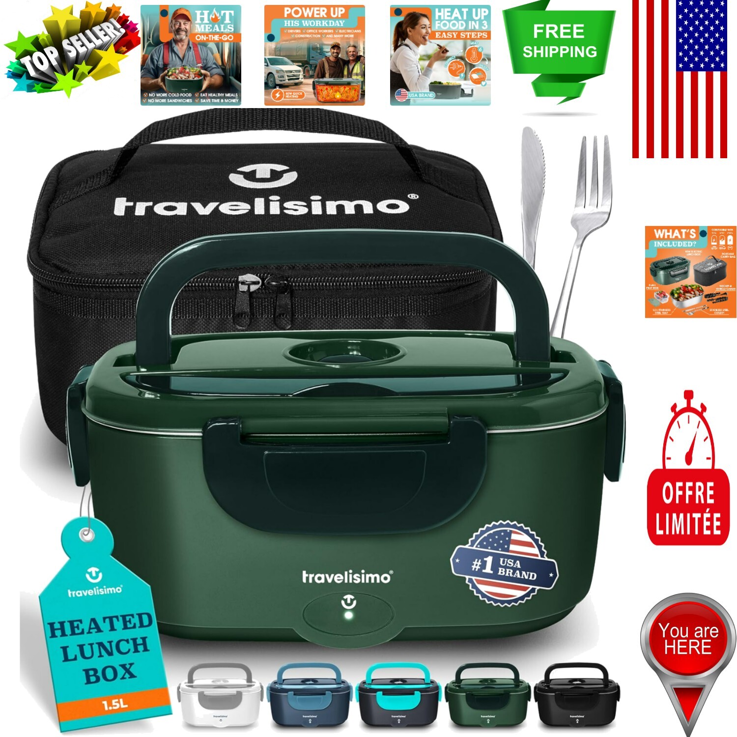 80W 1.5L Stainless Steel Electric Lunch Box Portable Food Warmer for Office Travel