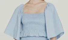 $256 Rhode Women's Blue Elena Smocked Balloon-Sleeve Peplum Blouse Top Size L