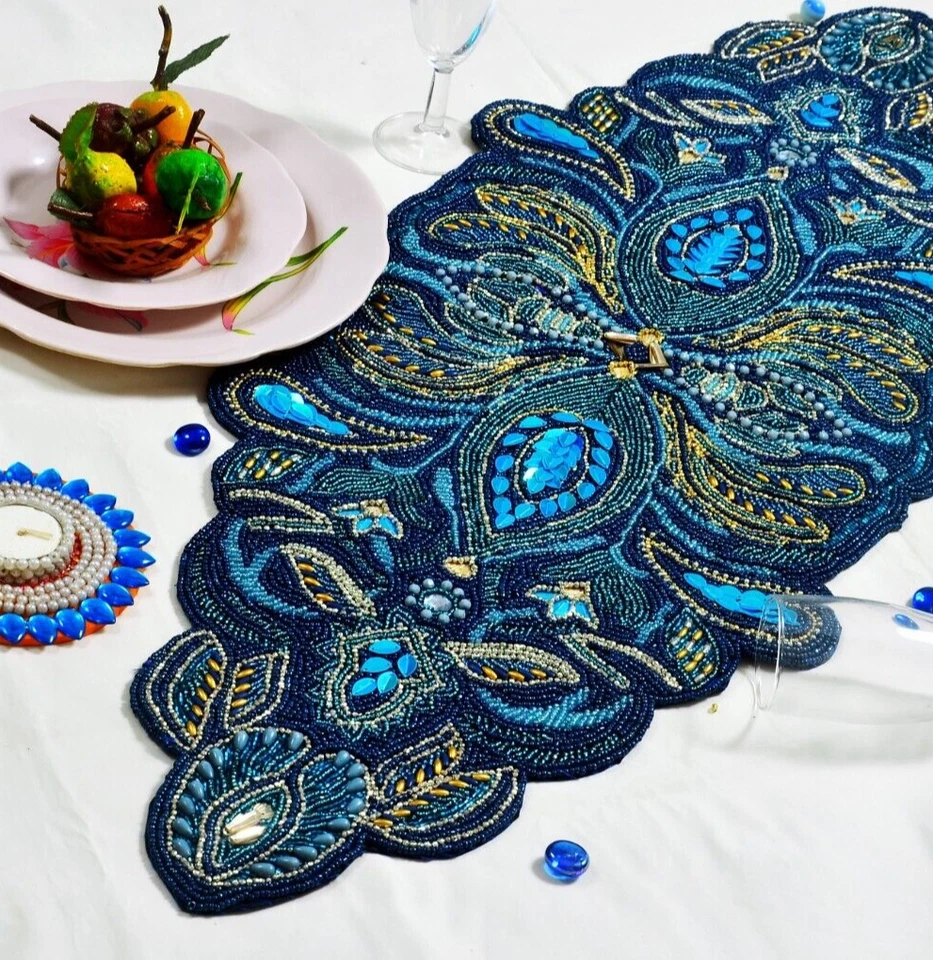 Designer Blue Table Runner Hand Beaded Table Runner Wedding Tableware 13X36 Inch - Image 2 of 4