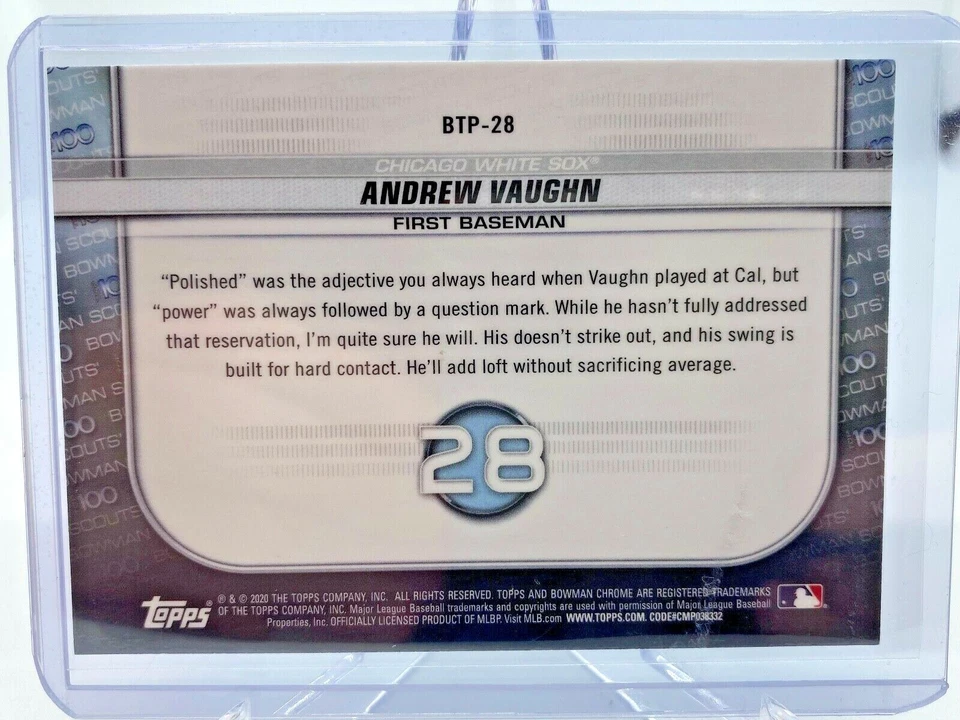 2020 Bowman Chrome Andrew Vaughn #BTP-28 Scouts Top 100 Refractor WHITE SOX PSA - Image 2 of 2