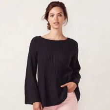 LC Lauren Conrad Ribbed Boat Neck Bell Sleeve Sweater In Black Size XS NWT