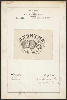 [[Trademark registration by M. C. McDonald & Co. for Anonyma brand Cigars]]