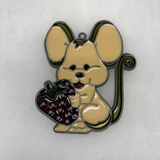 STAINED GLASS Leaded Window Sun Catcher Mouse With Strawberry Ornament vtg 70's