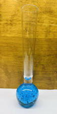 Blue Controlled Bubble Weighted Bottom Art Glass Bud Vase 8"