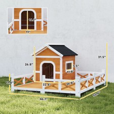 Outdoor Wooden Dog House with Fenced Porch Asphalt Roof for Small Medium Dogs