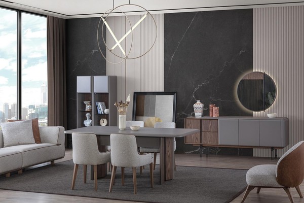 Esszimmer Set Besteht Aus Esstisch 4X StüHle Und Anrichte Mit Spiegel 7Tlg.-image