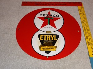 VINTAGE TEXACO WITH ETHYL GASOLINE 8 BALL🎱 11 3/4" PORCELAIN METAL GAS OIL SIGN
